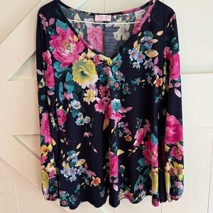 Pink Lily Vibrant Floral V-Neck Top Tunic Flowy Relaxed Fit Large Colorful